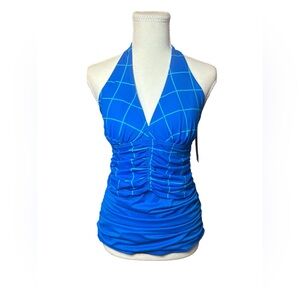 SPANX Sara Blakely Ruched Halter Tankini Top Electric Blue Geo Sz 10 NWT